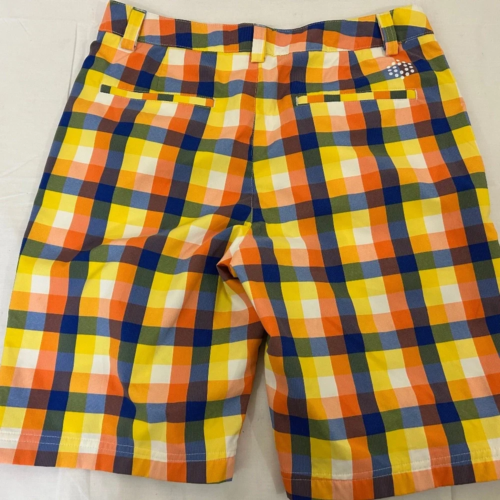 PUMA Sz 30 Waist Mens Flat Front‎ Yellow/Orange/Blue Plaid Golf Casual Shorts